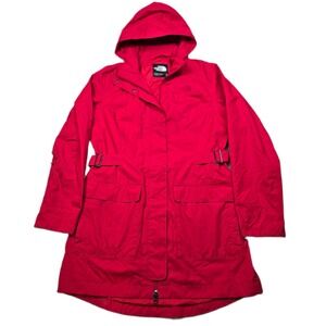 The North Face Long DryVent Jacket Womens Medium‎ Red Hooded Trench Rain